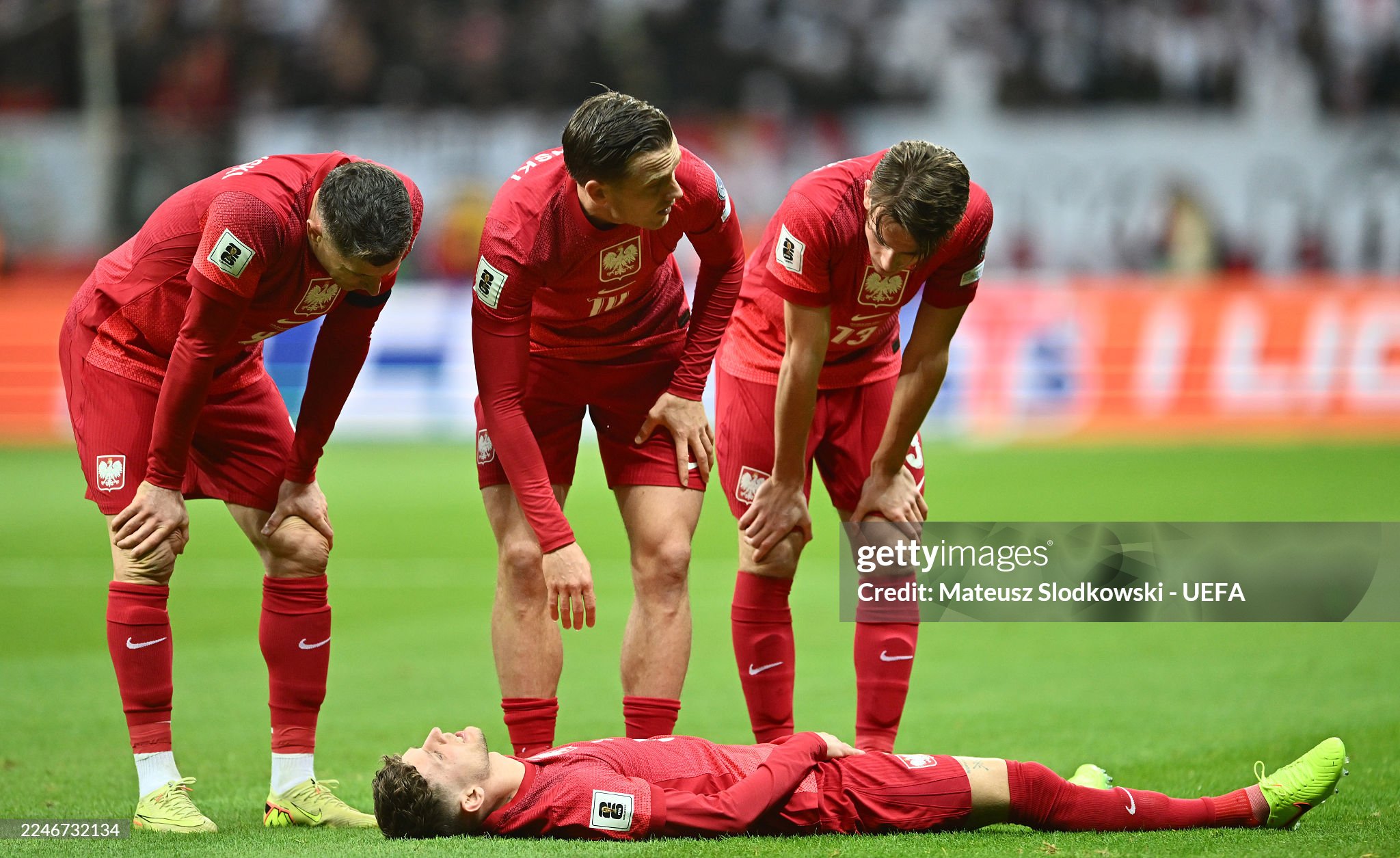 Sebastian Szymanski of Poland lays on the floor during the FIFA World Cup 2026 qualifier match between Poland and Netherlands at PGE Narodowy on November 14, 2025 in Warsaw, Poland.